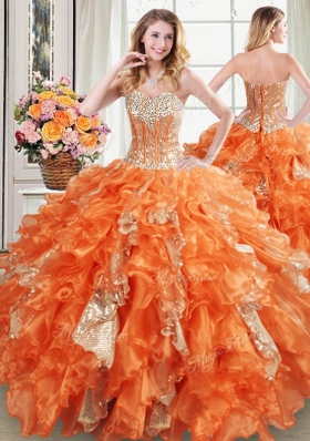Four Piece Orange Sleeveless Floor Length Beading and Ruffles and Sequins Lace Up Quinceanera Gown