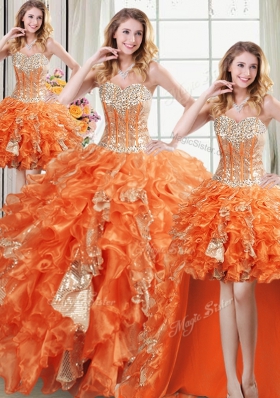 Four Piece Orange Sleeveless Floor Length Beading and Ruffles and Sequins Lace Up Quinceanera Gown
