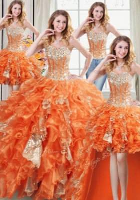 Four Piece Orange Sleeveless Floor Length Beading and Ruffles and Sequins Lace Up Quinceanera Gown