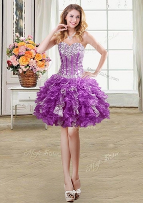 Four Piece Purple Sleeveless Beading and Ruffles and Sequins Floor Length Quince Ball Gowns