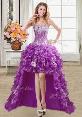 Four Piece Purple Sleeveless Beading and Ruffles and Sequins Floor Length Quince Ball Gowns