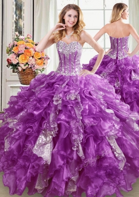 Four Piece Purple Sleeveless Beading and Ruffles and Sequins Floor Length Quince Ball Gowns
