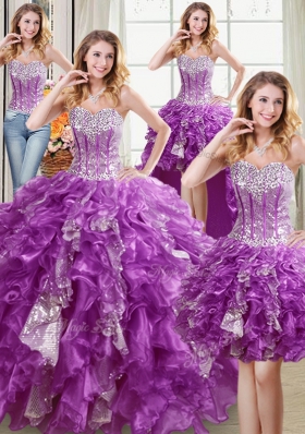 Four Piece Purple Sleeveless Beading and Ruffles and Sequins Floor Length Quince Ball Gowns