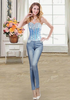Four Piece Sequins Baby Blue Sleeveless Organza Lace Up Quinceanera Dress for Military Ball and Sweet 16 and Quinceanera