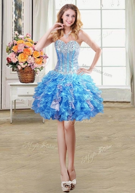 Four Piece Sequins Baby Blue Sleeveless Organza Lace Up Quinceanera Dress for Military Ball and Sweet 16 and Quinceanera
