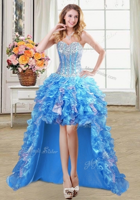 Four Piece Sequins Baby Blue Sleeveless Organza Lace Up Quinceanera Dress for Military Ball and Sweet 16 and Quinceanera