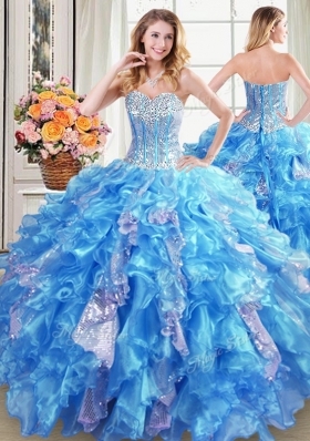 Four Piece Sequins Baby Blue Sleeveless Organza Lace Up Quinceanera Dress for Military Ball and Sweet 16 and Quinceanera