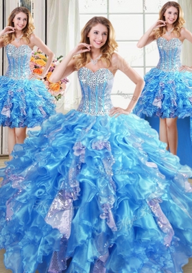 Four Piece Sequins Baby Blue Sleeveless Organza Lace Up Quinceanera Dress for Military Ball and Sweet 16 and Quinceanera