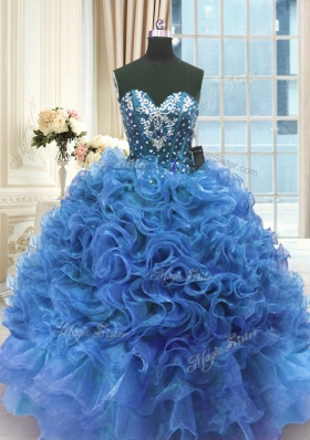 Glamorous Ball Gowns Quinceanera Dresses Blue Sweetheart Organza Sleeveless Floor Length Lace Up