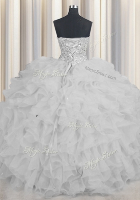 Glorious Visible Boning White Vestidos de Quinceanera Military Ball and Sweet 16 and Quinceanera and For with Beading and Ruffles and Sashes|ribbons Sweetheart Sleeveless Lace Up