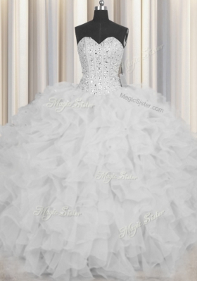 Glorious Visible Boning White Vestidos de Quinceanera Military Ball and Sweet 16 and Quinceanera and For with Beading and Ruffles and Sashes|ribbons Sweetheart Sleeveless Lace Up
