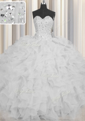 Glorious Visible Boning White Vestidos de Quinceanera Military Ball and Sweet 16 and Quinceanera and For with Beading and Ruffles and Sashes|ribbons Sweetheart Sleeveless Lace Up