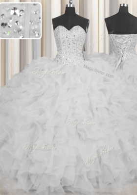 Glorious Visible Boning White Vestidos de Quinceanera Military Ball and Sweet 16 and Quinceanera and For with Beading and Ruffles and Sashes|ribbons Sweetheart Sleeveless Lace Up