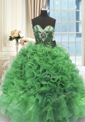Green Organza Lace Up Sweetheart Sleeveless Floor Length Quinceanera Dress Beading and Ruffles