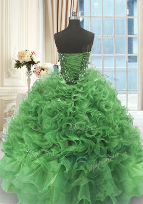Green Organza Lace Up Sweetheart Sleeveless Floor Length Quinceanera Dress Beading and Ruffles