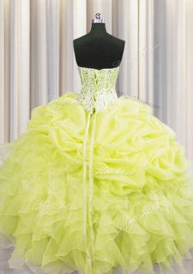 High Class Visible Boning Yellow Ball Gowns Organza Sweetheart Sleeveless Beading and Ruffles Floor Length Lace Up Ball Gown Prom Dress