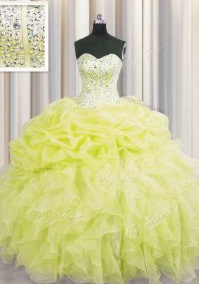 High Class Visible Boning Yellow Ball Gowns Organza Sweetheart Sleeveless Beading and Ruffles Floor Length Lace Up Ball Gown Prom Dress