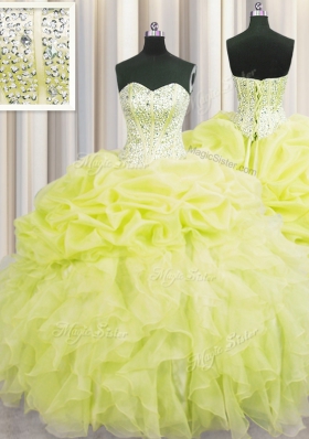 High Class Visible Boning Yellow Ball Gowns Organza Sweetheart Sleeveless Beading and Ruffles Floor Length Lace Up Ball Gown Prom Dress