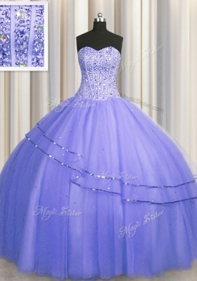 Hot Selling Visible Boning Puffy Skirt Purple Sleeveless Tulle Lace Up Quinceanera Gown for Military Ball and Sweet 16 and Quinceanera