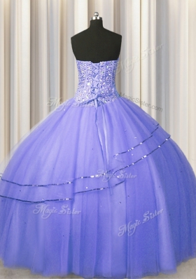 Hot Selling Visible Boning Puffy Skirt Purple Sleeveless Tulle Lace Up Quinceanera Gown for Military Ball and Sweet 16 and Quinceanera