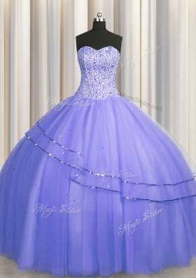 Hot Selling Visible Boning Puffy Skirt Purple Sleeveless Tulle Lace Up Quinceanera Gown for Military Ball and Sweet 16 and Quinceanera