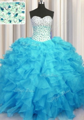 Ideal Baby Blue Organza Lace Up Sweetheart Sleeveless Floor Length 15 Quinceanera Dress Beading and Ruffles