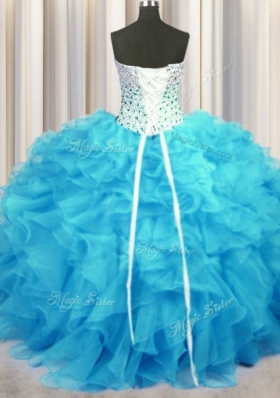 Ideal Baby Blue Organza Lace Up Sweetheart Sleeveless Floor Length 15 Quinceanera Dress Beading and Ruffles