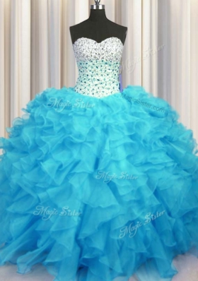 Ideal Baby Blue Organza Lace Up Sweetheart Sleeveless Floor Length 15 Quinceanera Dress Beading and Ruffles