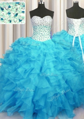 Ideal Baby Blue Organza Lace Up Sweetheart Sleeveless Floor Length 15 Quinceanera Dress Beading and Ruffles