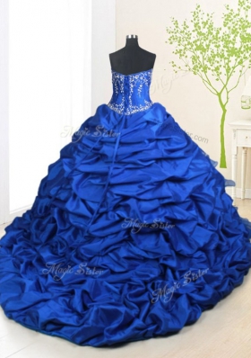 Ideal Pick Ups Ruffled With Train Royal Blue Quinceanera Gown Sweetheart Sleeveless Court Train Lace Up