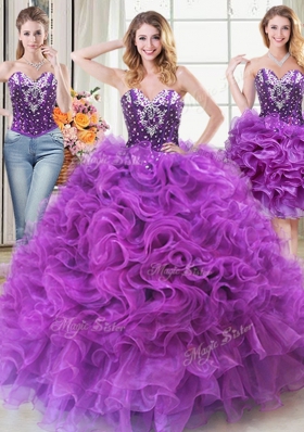 New Style Three Piece Eggplant Purple Sleeveless Floor Length Beading and Ruffles Lace Up Quinceanera Dress