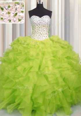 Organza Sweetheart Sleeveless Lace Up Beading and Ruffles Quinceanera Gown in Yellow Green