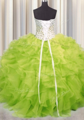 Organza Sweetheart Sleeveless Lace Up Beading and Ruffles Quinceanera Gown in Yellow Green