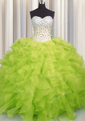 Organza Sweetheart Sleeveless Lace Up Beading and Ruffles Quinceanera Gown in Yellow Green