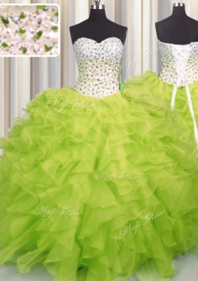 Organza Sweetheart Sleeveless Lace Up Beading and Ruffles Quinceanera Gown in Yellow Green