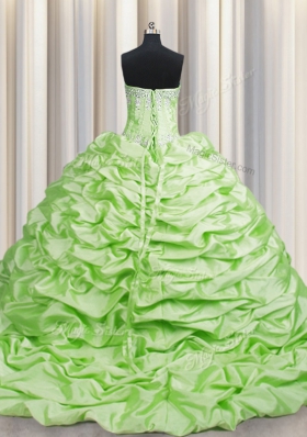 Romantic Pick Ups Brush Train Yellow Green Vestidos de Quinceanera Sweetheart Sleeveless Sweep Train Lace Up