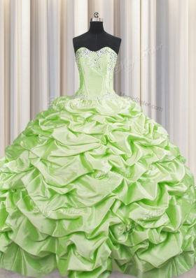 Romantic Pick Ups Brush Train Yellow Green Vestidos de Quinceanera Sweetheart Sleeveless Sweep Train Lace Up
