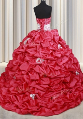 Simple Coral Red Lace Up Sweetheart Beading and Appliques and Sequins and Pick Ups Quinceanera Gown Taffeta Sleeveless Brush Train