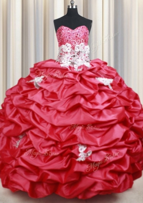 Simple Coral Red Lace Up Sweetheart Beading and Appliques and Sequins and Pick Ups Quinceanera Gown Taffeta Sleeveless Brush Train