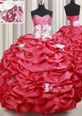 Simple Coral Red Lace Up Sweetheart Beading and Appliques and Sequins and Pick Ups Quinceanera Gown Taffeta Sleeveless Brush Train