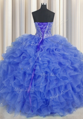 Smart Visible Boning Blue Sweetheart Neckline Beading and Ruffles and Sashes|ribbons Sweet 16 Dress Sleeveless Lace Up