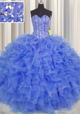 Smart Visible Boning Blue Sweetheart Neckline Beading and Ruffles and Sashes|ribbons Sweet 16 Dress Sleeveless Lace Up