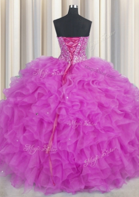 Spectacular Visible Boning Fuchsia Sleeveless Beading and Ruffles Floor Length Ball Gown Prom Dress