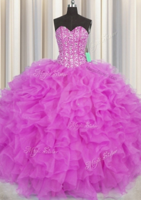 Spectacular Visible Boning Fuchsia Sleeveless Beading and Ruffles Floor Length Ball Gown Prom Dress