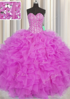 Spectacular Visible Boning Fuchsia Sleeveless Beading and Ruffles Floor Length Ball Gown Prom Dress