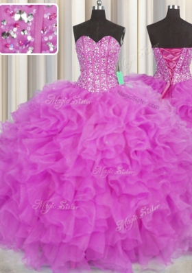 Spectacular Visible Boning Fuchsia Sleeveless Beading and Ruffles Floor Length Ball Gown Prom Dress