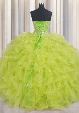 Super Visible Boning Yellow Green Ball Gowns Beading and Ruffles Quinceanera Dress Lace Up Organza Sleeveless Floor Length