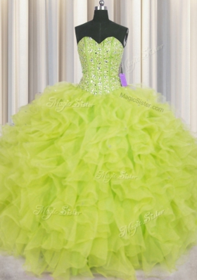 Super Visible Boning Yellow Green Ball Gowns Beading and Ruffles Quinceanera Dress Lace Up Organza Sleeveless Floor Length