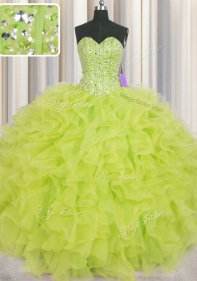 Super Visible Boning Yellow Green Ball Gowns Beading and Ruffles Quinceanera Dress Lace Up Organza Sleeveless Floor Length