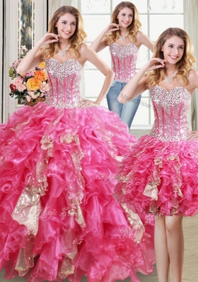 Three Piece Hot Pink Organza Lace Up Quinceanera Dresses Sleeveless Floor Length Beading and Ruffles and Sequins